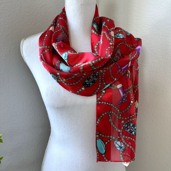 Fun Red Scarf 60" x 13" Striped Satin Sheer Decor Purses Chains Boots Hats - Picture 4 of 11